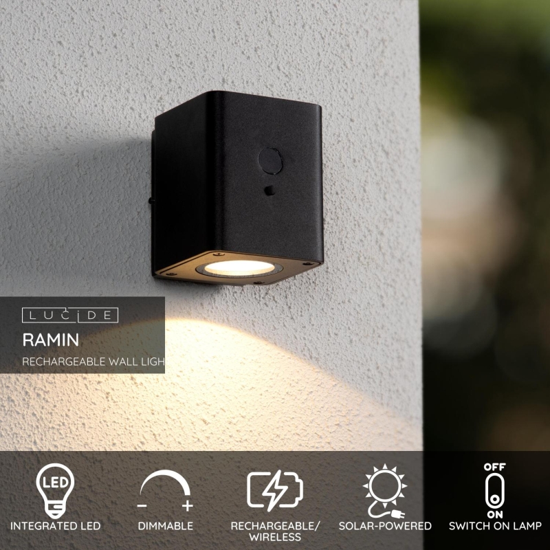 Lucide RAMIN - Nástenné svietidlo Indoor/Outdoor - LED Dim. - 1x1W 2850K/3150K - IP54 - Senzor deň/noc - Čierny